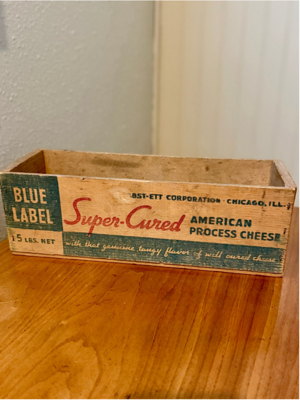 Vintage Blue Label Super-Cured Process Cheese Wooden Box Crate Advertising